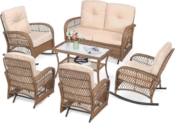 VIVIJASON 7-Piece Outdoor Patio Wicker Conversation Sets, All Weather Outdoor Rattan Furniture Set Includes Glider Loveseat, 2 Rocking Chairs, 2 Glider Rocker Chairs, 2 Coffee Table, Light Brown