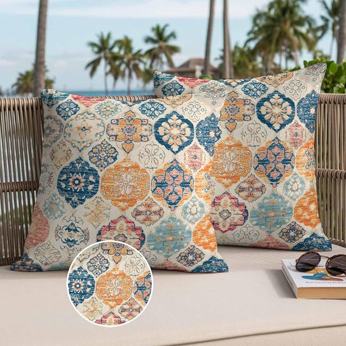 Boho Morocco Waterproof Outdoor Pillow Covers Set of 2 Home Decor, Retro Farmhouse Ethnic Neutral Aesthetic Pillowcase Patio Pillow Covers for Couch Bench Furniture Garden 24x24in