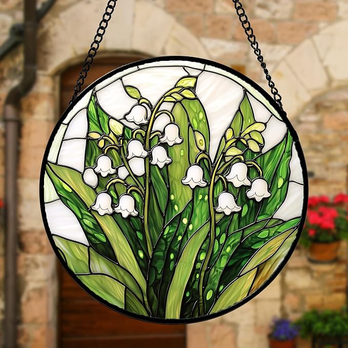 DASTOLL Stained Glass Window Hanging, Lily of the Valley Flower Sun Catchers Colorful Glass Panel Green Plants Suncatcher Decor for Birthday for Women,Men,Wife, Lovers, and Mom 11.8 in