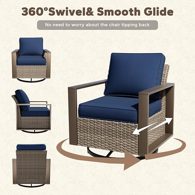 6 Pieces Metal Wicker Patio Furniture Set - 75" Sofa, Two Swivel Chairs and Two Ottomans, One Coffee Table All Weather Rattan Outdoor Conversation Furniture with Washable Cushion for Deck, Dark Blue
