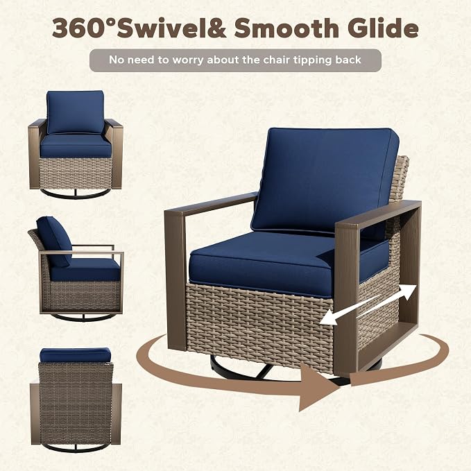 Outdoor Swivel Patio Metal Chairs Set of 2 - Porch Furniture 2 Pieces 360 Degree Glider Rockers Rattan Chairs with Washable Cushion & Metal Steel Rectangular Framed Armrest, Dark Blue