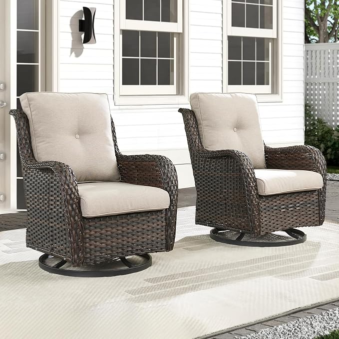 Outdoor Swivel Rocker Patio Chairs-Wicker Patio Swivel Chairs Set of 2 PE Rattan Patio Furniture for Porch Deck Balcony Garden-Brown/Beige