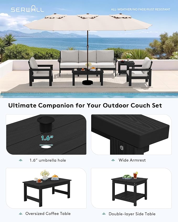 SERWALL HDPE Outdoor Couch with Coffee Table & Side Table & 15FT Umbrella