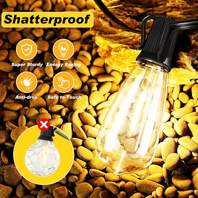 25FT LED Outdoor String Lights Waterproof, Edison Lights for Outside | with 13 Shatterproof Vintage Edison Bulbs Connectable Hanging Patio Lights for Yards Balcony Porch Bistro Garden Decor