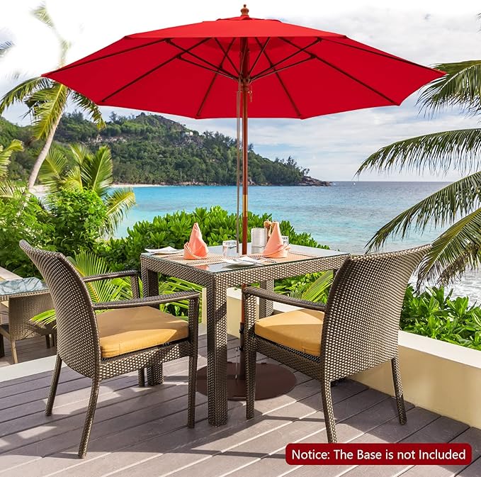 Tangkula 9.5 FT Red Wooden Pulley Umbrella with 8 Fiberglass Ribs, Rope Pulley Mechanism, and Vented Canopy for Patio, Deck, Poolside, Garden, Lawn, Terrace