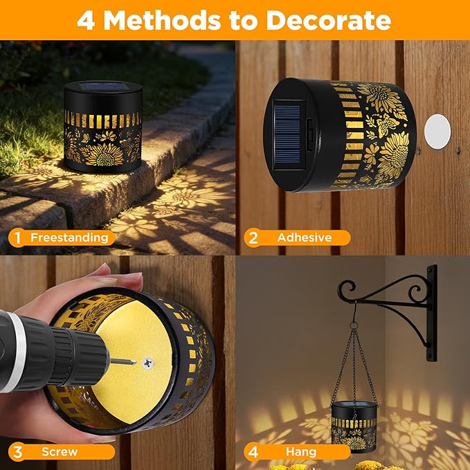 4 Pack Solar Lanterns Outdoor Waterproof, Sunflower Solar Garden Decor Gifts for Women Mom Grandma, Hanging Solar Fence Lights Metal Decorations Outside for Yard, Patio, Backyard, Porch