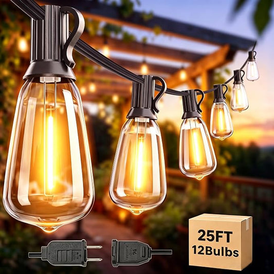 25FT LED Outdoor String Lights Waterproof, Edison Lights for Outside | with 13 Shatterproof Vintage Edison Bulbs Connectable Hanging Patio Lights for Yards Balcony Porch Bistro Garden Decor
