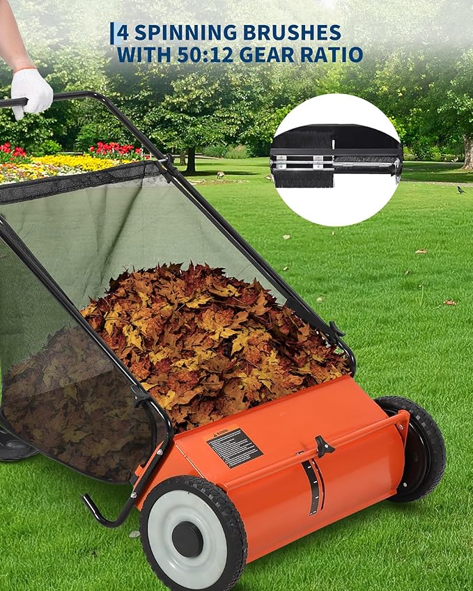 26-Inch Push Lawn Sweeper, 7 Cu. Ft. Hopper Capacity Leaf & Grass Collector with 4 Spinning Brushes, Adjustable Height, for Grass Clippings, Leaves & Debris, Orange