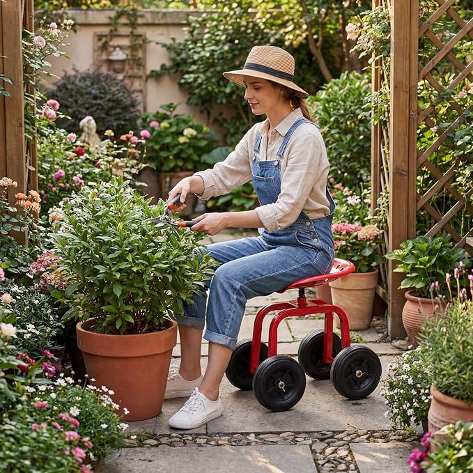 Goplus Garden Cart with Wheels, Utility Stool Cart w/Adjustable 360 Degree Swivel Seat, Outdoor Lawn Yard Rolling Work Seat, Garden Scooter for Planting (Red)