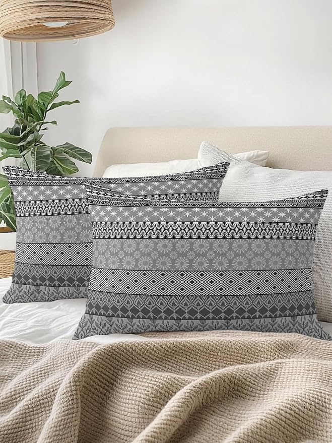 Waterproof Outdoor Pillow 1 Pack Grey Bohemian Decorative Throw Pillows Cover & Insert 20x12 Inch Lumbar Pillowcase Boho Style Floral Leaves Geometric Pillows for Couch Sofa Bed Patio Furniture