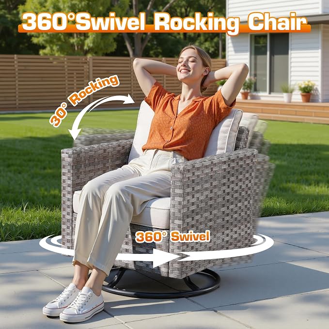 9-Piece Patio Furniture Set, Outdoor Wicker Furniture Sectional Set with Coffee Table, High Back Swivel Rocker Patio Chairs, Modern Rattan Outdoor Conversation Set for Porch, Balcony, Garden, Beige