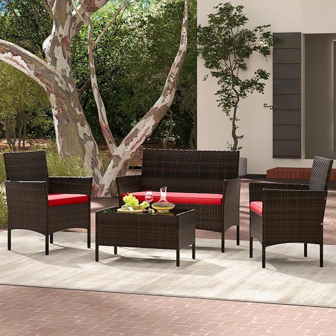 4 Piece Patio Furniture Set, Sectional Conversation Sofa Set with Glass Coffee Table, Cushions & Loveseat, Wicker Outdoor Table and Chairs for Pool, Garden, Deck, Backyard (1, Red)