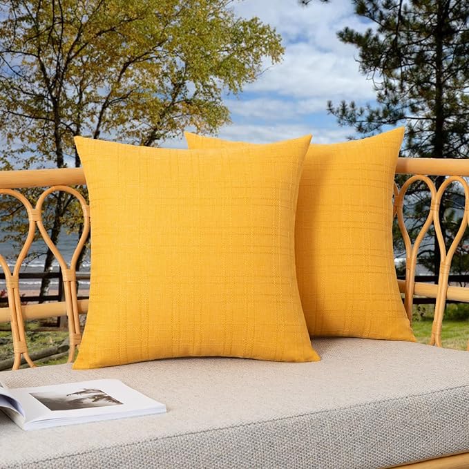 Kevin Textile Outdoor Waterproof 26”x26” Pillow Covers 2 Pack, Dark Yellow | Water Resistant, Soft Faux Linen-cotton Yarn-dyed Woven Texture Throw Pillow Covers for Tent Patio Garden Couch Sofa