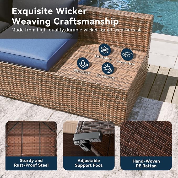 LazySunsets 7 Piece Outdoor Patio Furniture Set with Coffee Table, Outdoor Patio Furniture Sets with Thicken Cushion, Wicker Rattan Outdoor Conversation Set for Backyard & Garden, Blue