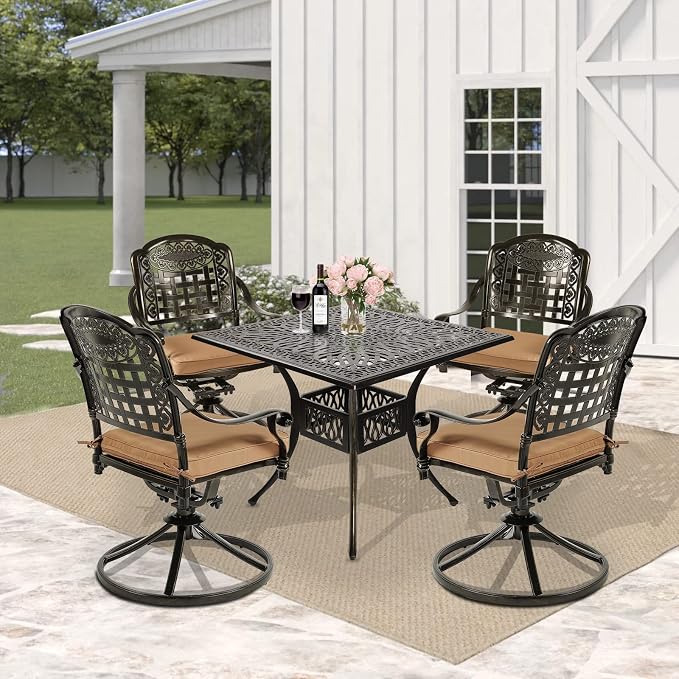 5 Piece Patio Dining Set, Outdoor Table and Chairs Set for 4 Cushioned Swivel Rocking Chairs and 35.4'' Square Table, All-Weather Cast Aluminum Patio Funiture Set, 2.2'' Umbrella Hole