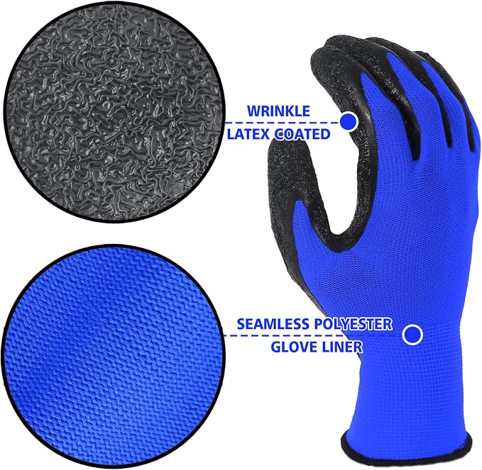 Evridwear Crinkle Latex Rubber Coated Safety Work Gloves for Men Women | 12-Pair Bulk Pack,Non-slip,General Multi Use for Gardening Construction Warehouse Assembly Landscaping (Blue,X-Large)
