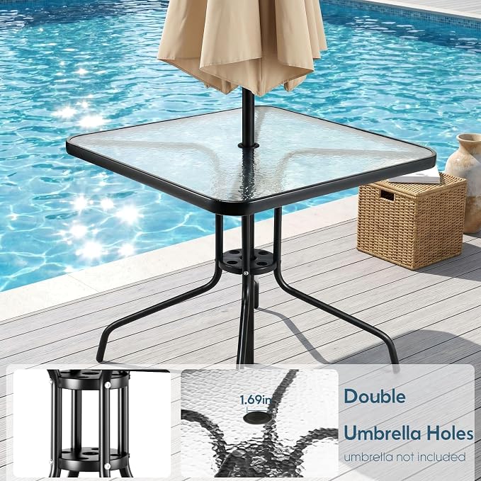 Arlopu 5 Piece Outdoor Patio Dining Set (Umbrella not Included), Porch Furniture with 4 Textline Chairs, 1 Square Glass Table for Garden, Backyard and Poolside, Lawn (Grey)