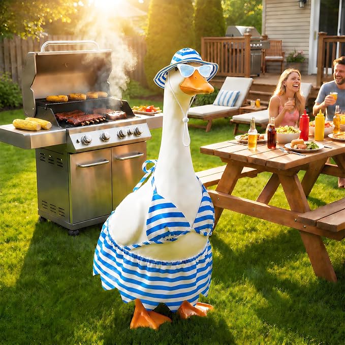 Hot 4Pcs Summer Bikini Porch Goose Outfits Set, Blue Striped Beach Costume with Hat, Fasion Sunglasses & Skirt, Yard & Lawn Goose Clothes for 23" Statue, Outdoor Patio Garden Decoration(Bikini)