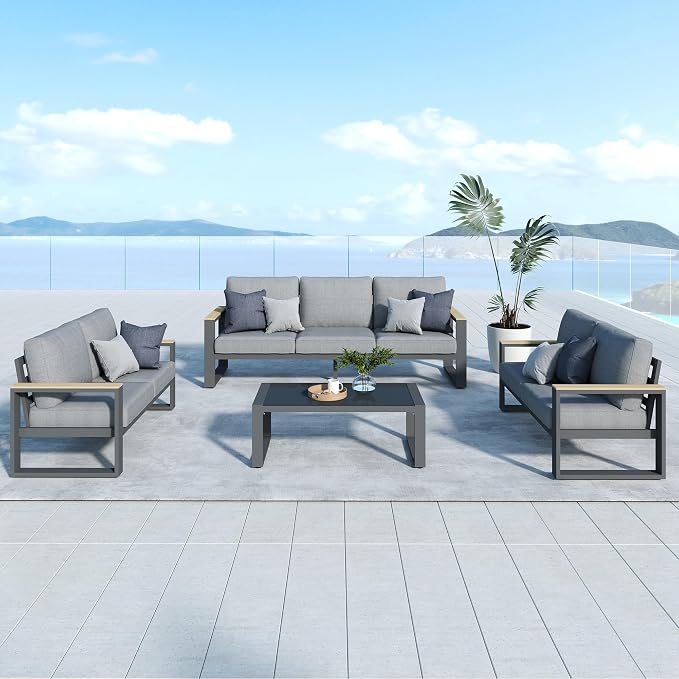Aluminum Outdoor Patio Furniture Set with Height-adjustable Footrest for Lawn Porches Patio, 7-Seats All-weather Patio Sofa Sets with Coffee Table, Modern Outdoor Patio Conversation set, Grey
