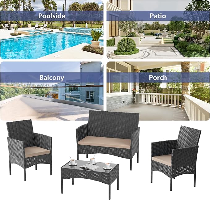 4 Pieces Outdoor Patio Furniture Sets,Wicker Conversation Set with Coffee Table,Loveseat and Wicker Patio Chairs with Soft Cushion for Porch, Garden, Lawn(Sand)
