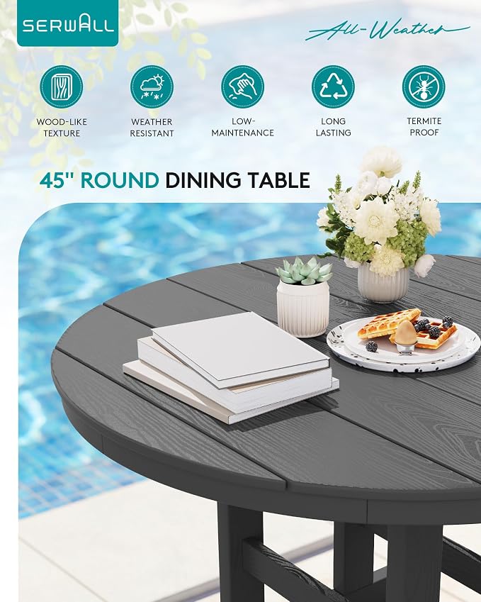 SERWALL 6-Piece Patio Dining Sets, HDPE Outdoor Table and Chairs Furniture Set with Umbrella, 45" Round Dining Table & 4 Armless Dining Chairs & 1 9FT Umbrella, Gray(Not Include Umbrella Base)