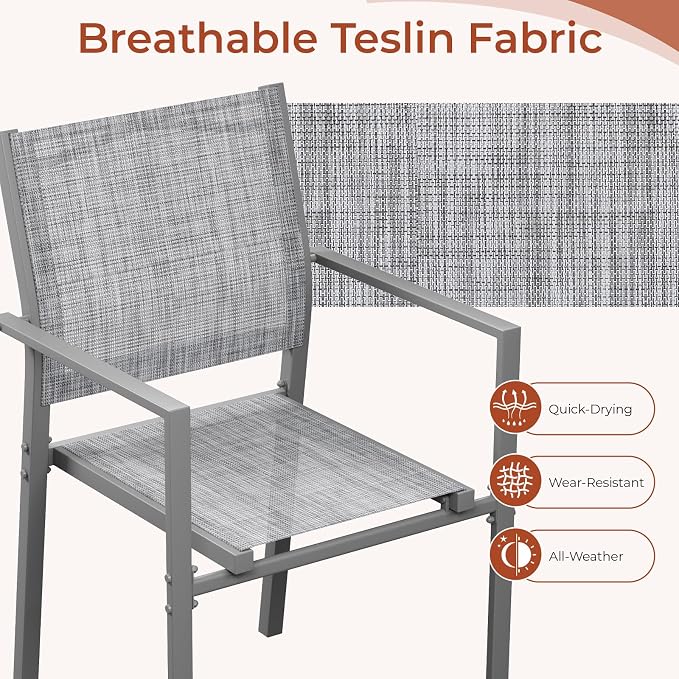 TLSUNNY 7 Piece Patio Dining Set for 6, Outdoor Table and Chairs W/1.69" Umbrella Hole & Metal Frame, 30"X 55" Rectangular Glass Table and Patio Textilene Stackable Chair W/Armrests, for Lawn Deck