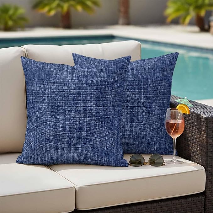 Outdoor Waterproof Throw Pillow Covers Set of 2 Navy Blue Linen Pillowcases 26x26 Inches Farmhouse Pure Color Decorative Pillows Cushion Case Patio Pillows for Couch Bed Chair Garden