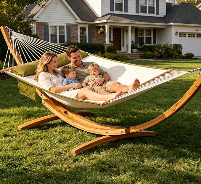 Lazy Daze Hammocks 2 Person Double Quilted Hammock with Spreader Bar, Detachable Pillow & Side Pocket, 450lbs Capacity for Patio Yard Garden Outdoor, Natural & Green