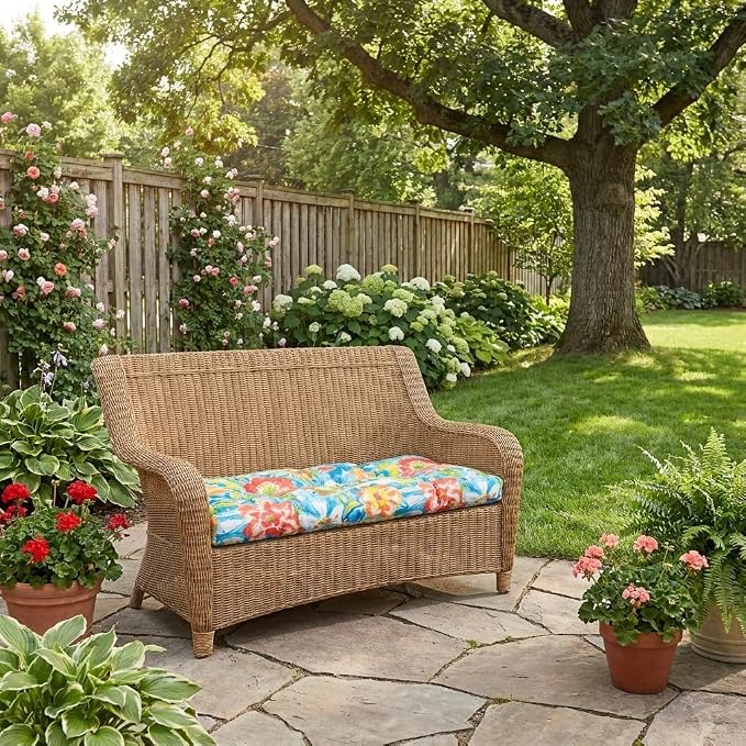 BrylaneHome Bh Performance Fabric Tufted Wicker Settee Cushion - Poppy Blue
