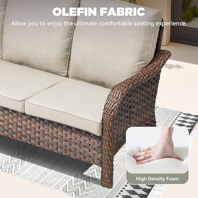 2 PCS Patio Furniture Set, Outdoor Wicker Loveseat Sofa with Coffee Table, 4-Inch Thick Olefin Cushions & Curved Armrests, 300 lbs Capacity Rattan Porch Furniture for Garden, Backyard, Beige