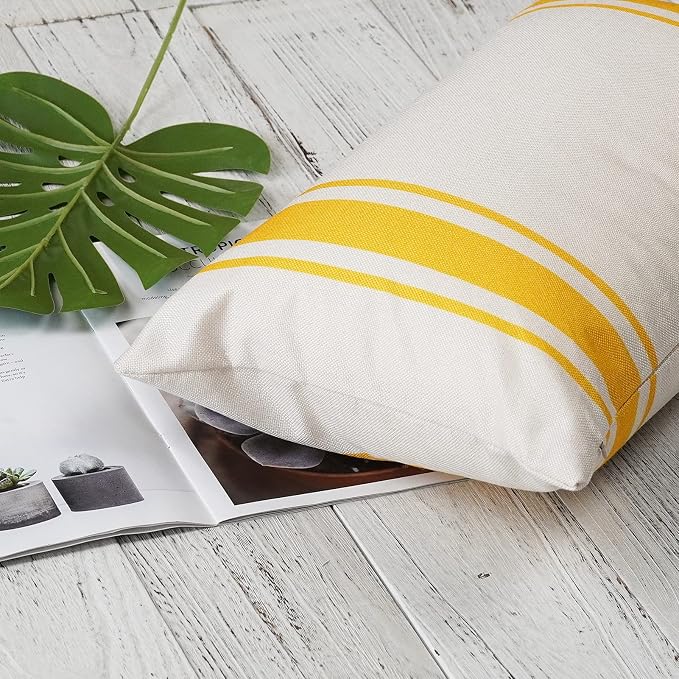 ONWAY Outdoor Pillow Covers Waterproof 12x20 Set of 2 Decorative Linen Throw Pillow Cover Beige and Yellow Striped Outdoor Pillows for Patio Furniture
