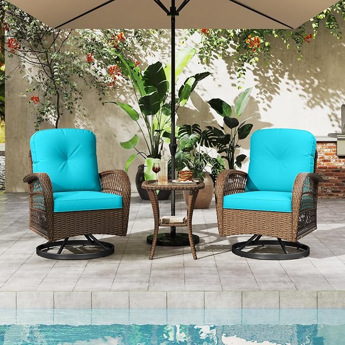 HAPPYGRILL 3 Pieces Patio Furniture Set Outdoor Rattan Swivel Rocker Chairs with Side Table, Outside Sectional Conversation Set with Swivel Rocking Chairs for Deck Porch Garden (Turquoise)