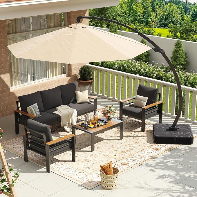 Aoxun Aluminum Patio Furniture Set with Umbrella 5 Seats, Oversized Outdoor Sectional with Washable Thick Cushions, Coffee Table, Patio Conversation Sets for Porch, Balcony, Deck