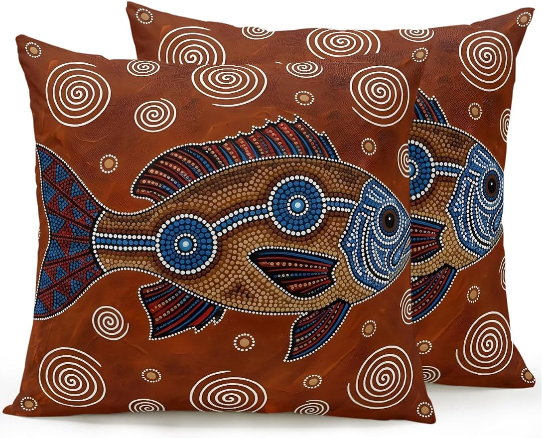 Outdoor Pillows Waterproof Set of 2, Southwest Tribal Decorative Throw Pillows for Patio Couch Bed Camping, Vintage Rustic Fish Motifs Wooden Texture Indoor Outdoor Pillow with Inserts Included 18x18