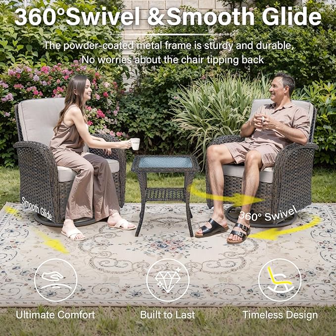 Belord 7 Piece Wicker Patio Furniture Set with 30" Fire Pit Table - Outdoor Swivel Rocker Chairs Set of 4 with Glass Side Tables Set of 2, Patio Conversation Set for Casual Gathering Brown/Beige