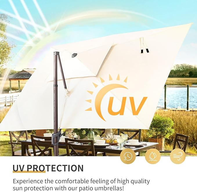 JZAC & QZYD 9x12 FT Outdoor Cantilever Patio Umbrella with Base Included and LED Lights, Large Heavy Duty 2-Tier Aluminum Offset Umbrellas with 360-Degree Rotation for Pool Deck, Beige