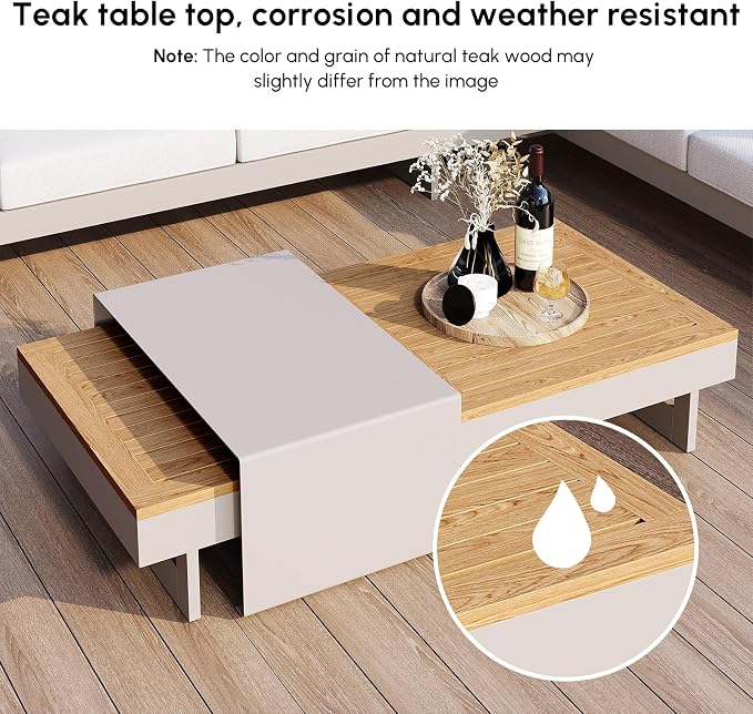 homary 4-Piece Modular Outdoor Sofa Set, Aluminum & Teak Patio Conversation Set with 600D Waterproof Covers, Adjustable Backrests, Fade-Resistant Cushions for Patio, Balcony, Deck