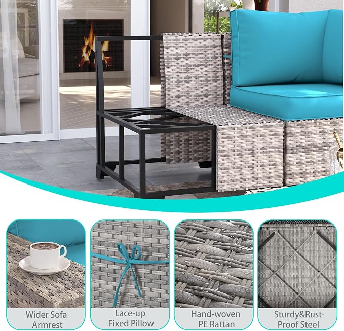 12-Piece Outdoor Patio Furniture Set with Rocking Swivel Chair, PE Wicker Rattan Sectional Sofa 55,000 BTU Fire Pit Table Patio Conversation Set with Ottomans and Chunky Arms, Ivory