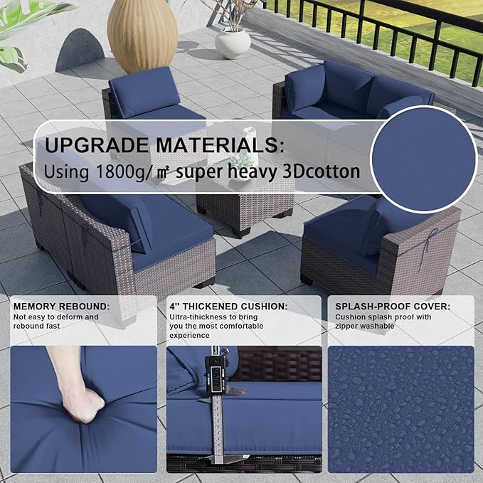 Kullavik 10PCS Outdoor Patio Furniture Set,PE Wicker Rattan Sectional Sofa Patio Conversation Sets with Tempered Glass Table,Swivel Rocking Chairs Set,Navy Blue