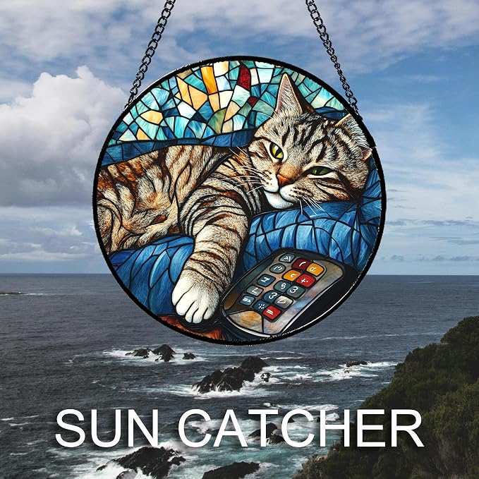 DASTOLL Stained Glass Window Hanging Gray Cat and Remote Control Large 15" - Suncatcher Door Garden Kitchen Sun Catcher Home Decor Birthday for Lost Pets Mom Men Woman Friend Grandma