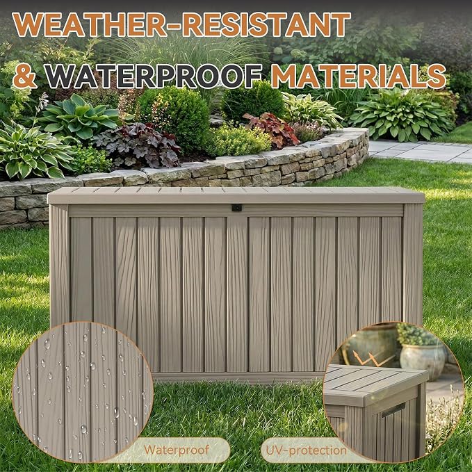 180 Gallon Outdoor Storage Box Waterproof, Resin Lockable Deck Box with Lid, Large Capacity Weatherproof Container for Patio Furniture, Side Table and Cushions(Grey, 180 Gallon)