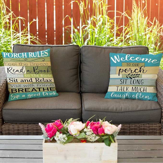 Coastal Striped Outdoor Pillow Covers Waterproof 18x18 Set of 4 for Pati Furniture Welcome to Porch Pillow Covers