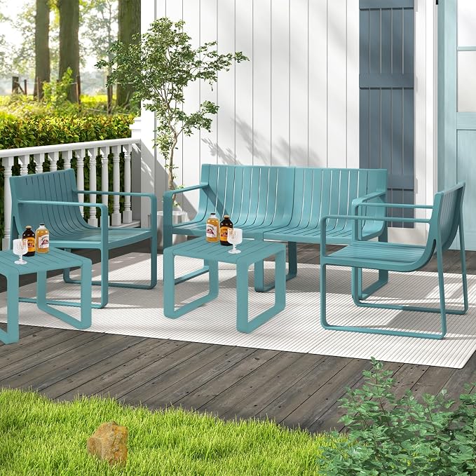Tangkula 5-Piece Patio Furniture Set, Outdoor Conversation Set w/1 Loveseat, 2 Patio Chairs & 2 Side Tables, All-Weather Patio Bistro Set for Lawn, Backyard, Poolside, Balcony, Garden, Deck (Blue)