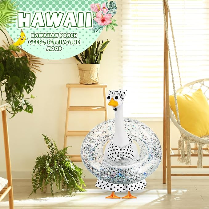 Bikini Porch Goose Outfits with Sunglasses and Swimming Tube for 23" Summer Goose Costume Garden Patio Statue Decor(Black Polka Dots)