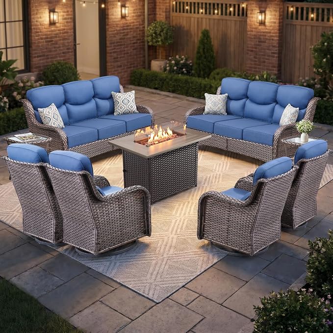 Luxury Swivel Rocker Chairs Fire Pit Set with 6" Thick Cushion 9 piece Wicker Outdoor Patio Chair with Sofa and Side Table,Comfortable High Back Outdoor Patio Furniture Set - Brown | Blue