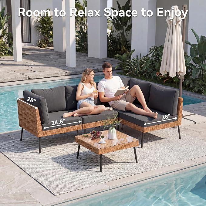Aoxun 5-Piece Patio Furniture Set, Wicker Outdoor Furniture with Water Resistant Thick Cushions, Patio Conversation Set Outdoor Sectional Sofa with Coffee Table for Backyard Poolside, Black