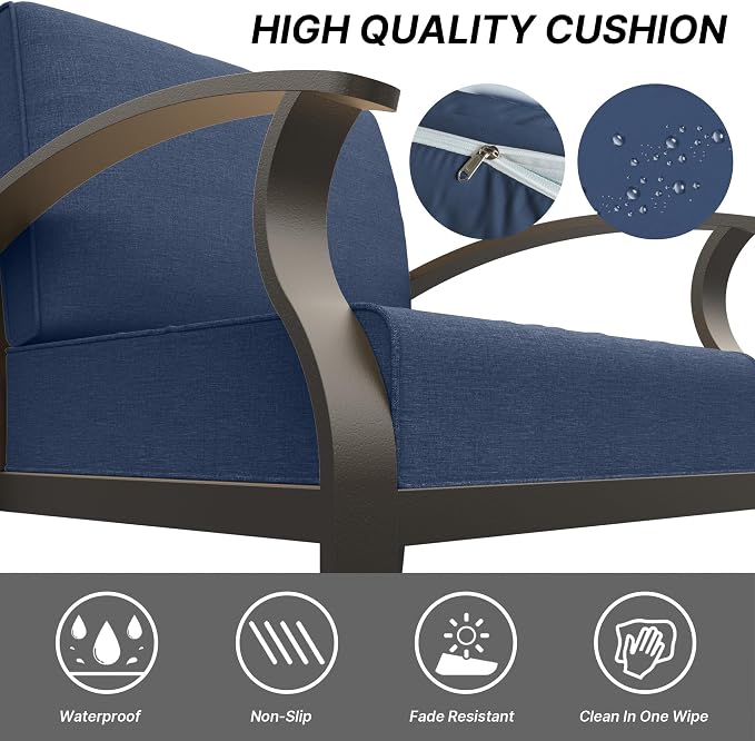 Gotland Aluminum Patio Furniture Set with Rectangular Coffee Table, Metal Patio Furniture with 5 Seats Waterproof 5.1'' Seat Cushions, Outdoor Sectional Patio Conversation Sets for Balcony Navy