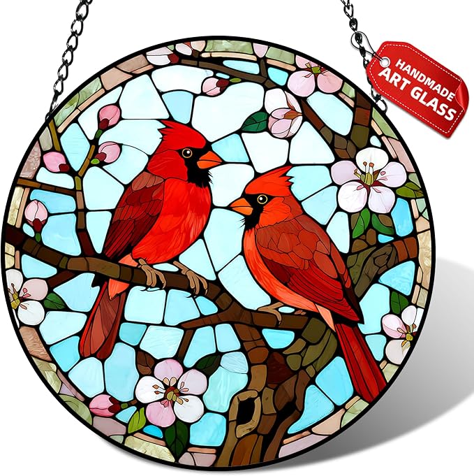 Cardinal Pair Stained Glass Suncatcher Window Hanging Bird Memorial Gift | 7.8in Garden Sun Catcher, Red Cardinals Patio Decor, Gifts for Mom Grandma Bird Lovers & Valentine Day, Christmas Ornaments