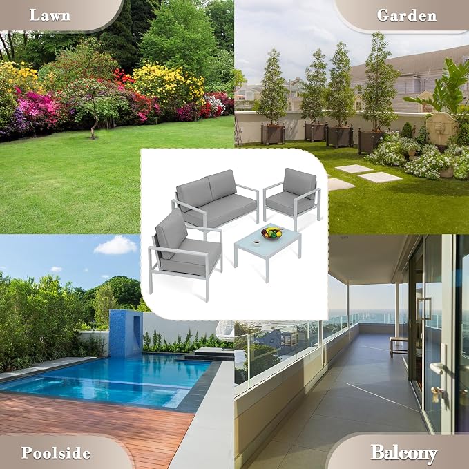 Athena Collection Patio Bistro Set Table and Chairs Set of 4, Outdoor Furniture Set Heavy Duty Conversation Sets Metal Loveseat with Upholstered Seat and Cushions, Gray