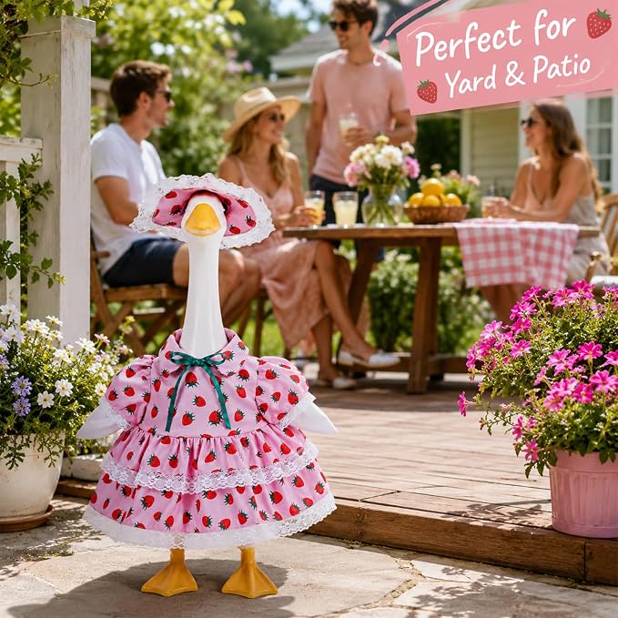 23 Inch Summer Strawberry Porch Goose Outfit, Pink Countryside Dress with Sun Hat, Seasonal Decorative Goose Clothes for Yard Lawn Patio Decor